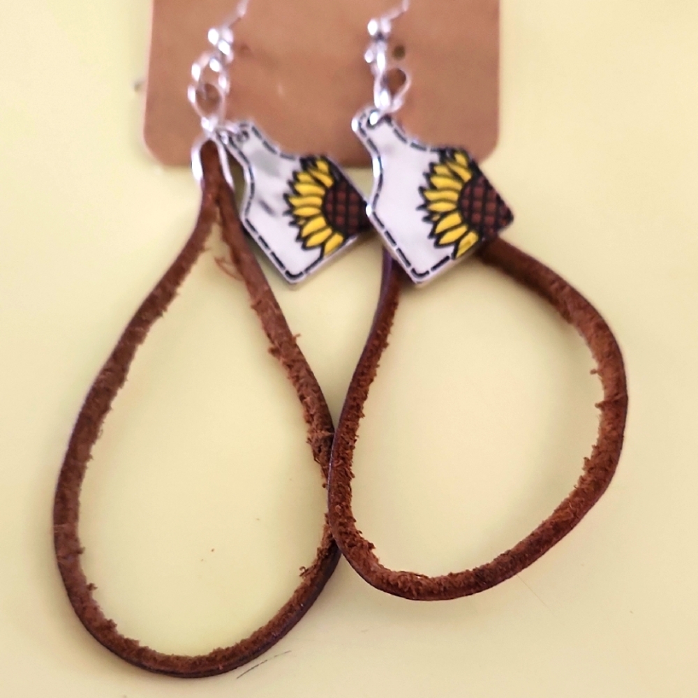Handmade Leather Sunflower Cowtag Earrings